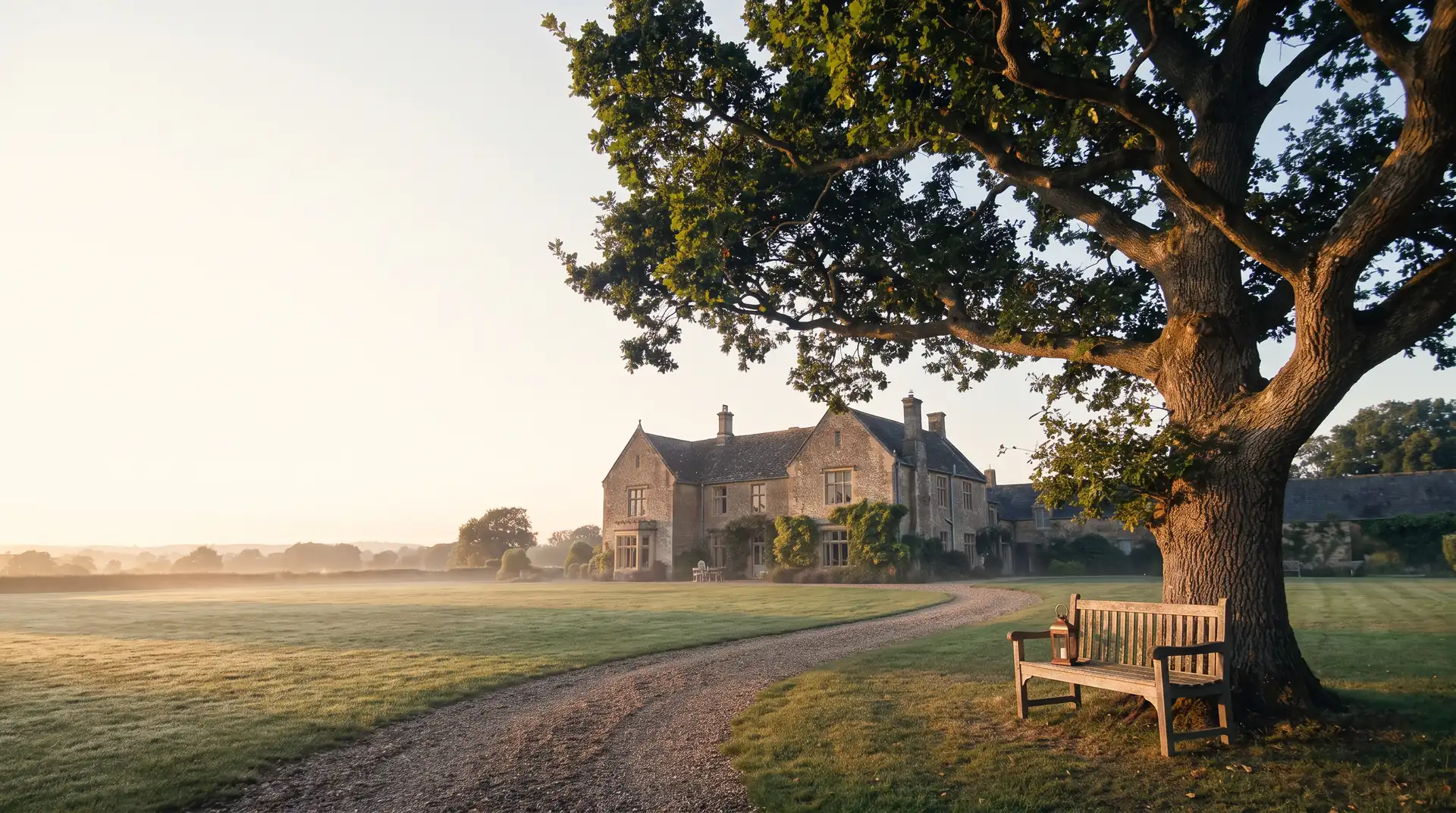 An old oak and a wooden bench in front of a stone family house on a misty morning