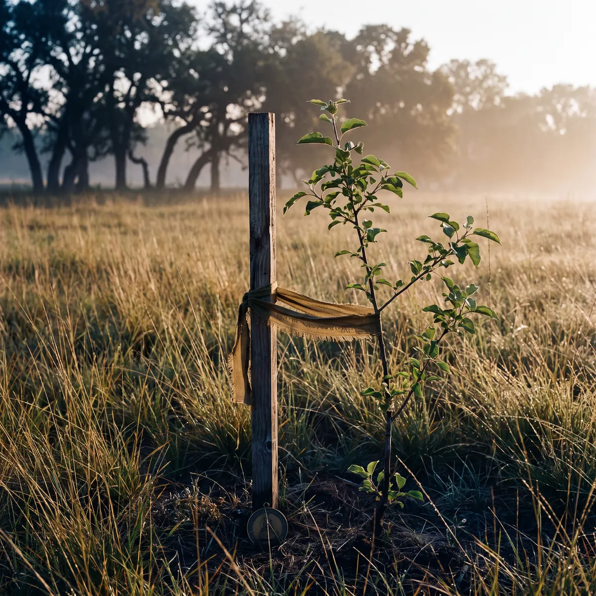 A young tree newly planted in an open meadow in the morning